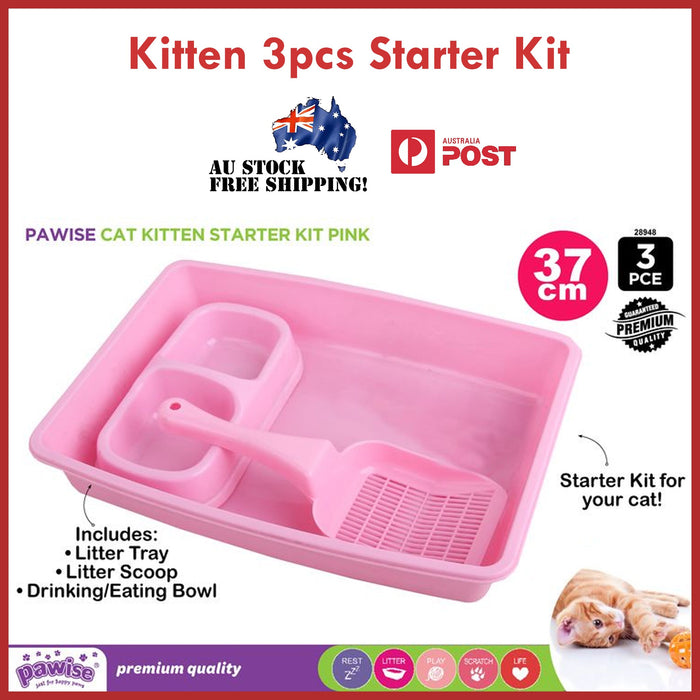 Kitten Litter Tray Scoop Drinking Eating Bowl 3pc Starter Kit Cat Blue Pink 37cm