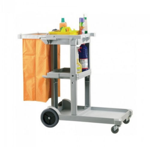 Janitor Trolley Cleaning Cart Cleaner Utility Grey Tray 3 Shelf Wheels Bag Lid