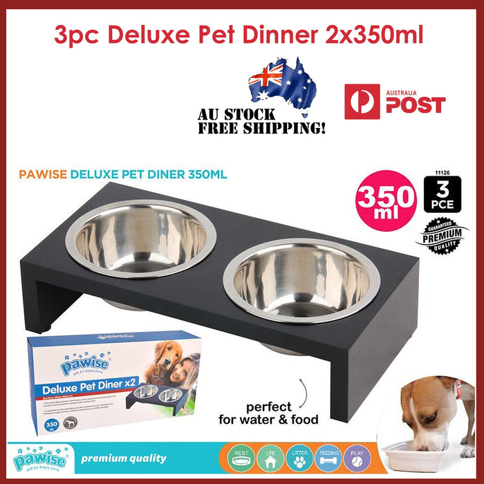 Pet Dog Bowl Metal Luxury Deluxe Stand Diner 3pcs Double Food Water Combo 350mL