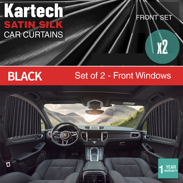 2x Kartech Car Window Curtains Retractable Sun Shades UV Protection Black Front