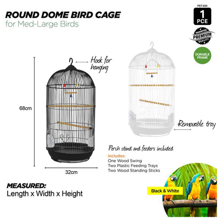 Bird Cage Medium Large Metal Frame Round Tall Roof Coloured Toys 32cm x 68cm