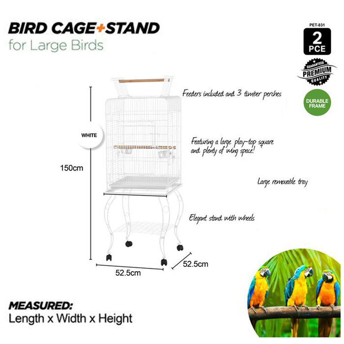 Bird Cage Large Metal Stand Frame Square Roof Coloured Toys 52cm x 52cm x 150cm