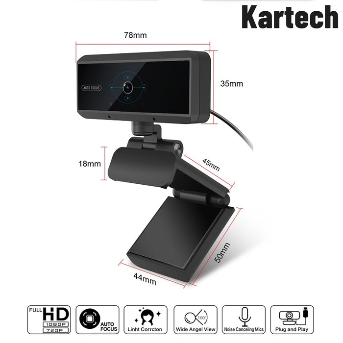 Kartech HD 1080P Webcam Computer PC Laptop Web Camera Auto Focus Built-in Mic