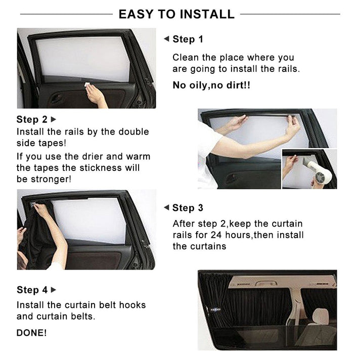 2x Kartech Car Window Curtains Retractable Sun Shades UV Protection Black Rear