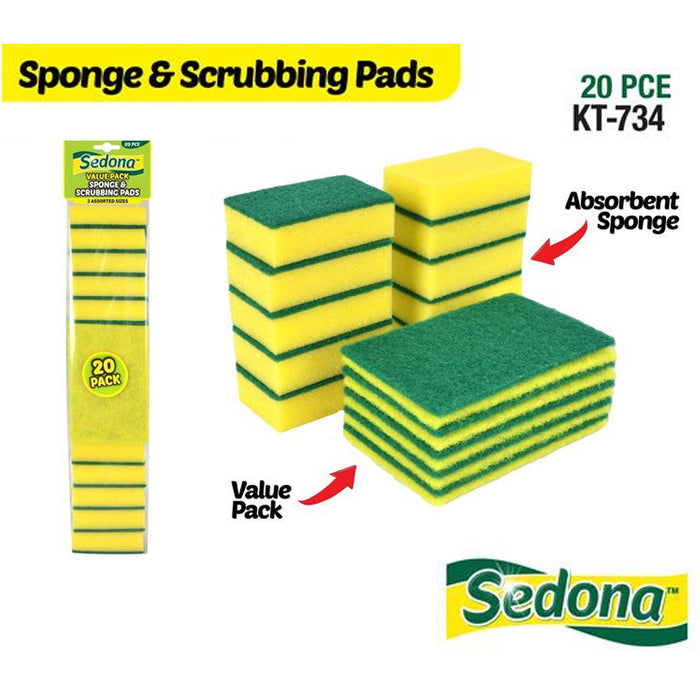 6x Scour Pads Multi Pack Green Sponge 2 in 1 Value Bulk 10x15cm Scrubbing Pads