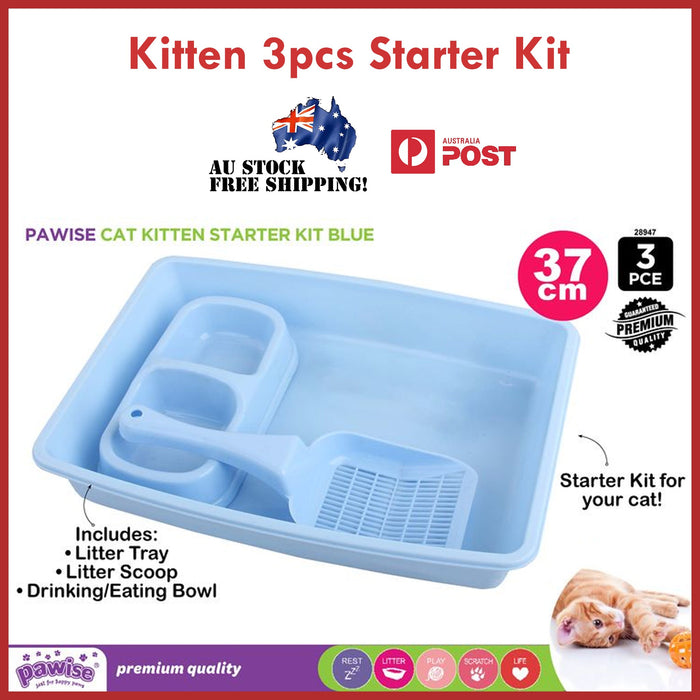 Kitten Litter Tray Scoop Drinking Eating Bowl 3pc Starter Kit Cat Blue Pink 37cm