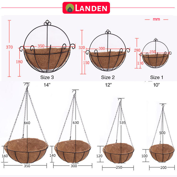 4x Landen Hanging Plant Pots Flower Baskets Planters Coco Coir Wall Garden Bulk