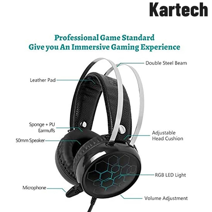 Kartech Gaming Headset Wired Game LED Light Headphones Microphone Noise Cancel