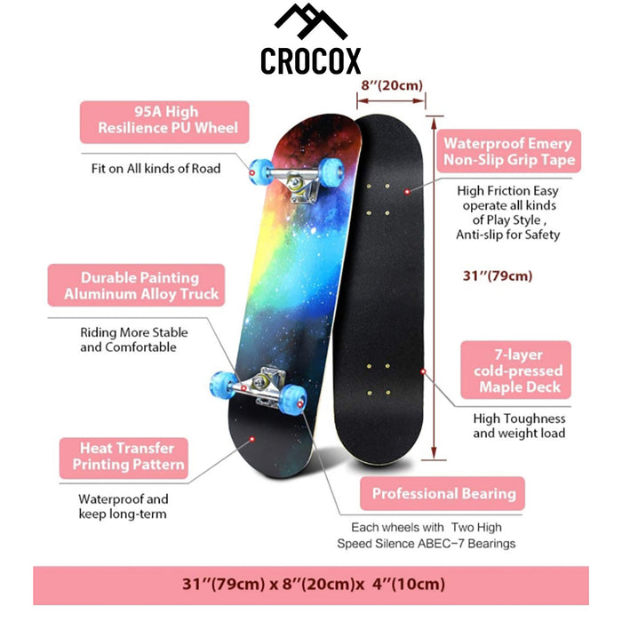 Crocox Kids Adult Skateboard Complete Set Up-Beginner to Pro Boards Outdoor