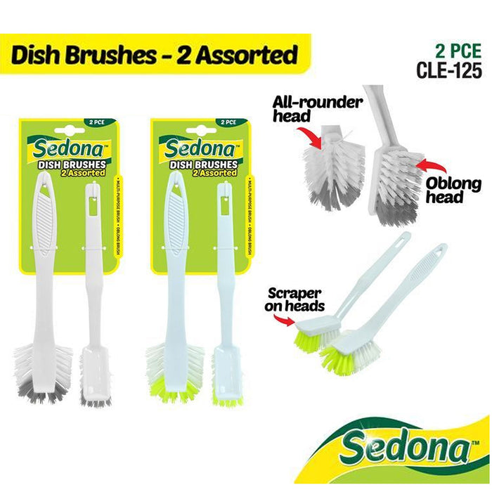 Dish Brush Oblong Circular Small Compact Scraper 2 in 1 Dual Head Assorted 2pcs
