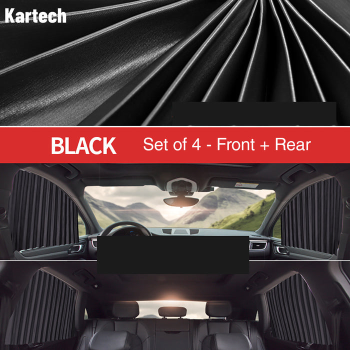 4x Kartech Car Window Curtains Retractable Sun Shades UV Protection Black Set