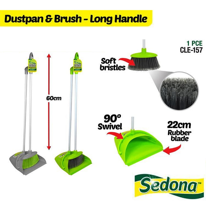 Dustpan Brush Broom Dust Pan Set Long Handle Kitchen Bathroom Swivel Close 60cm