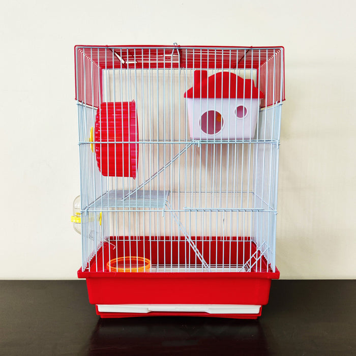 Mouse Hamster Cage Metal Frame Square Roof Red Coloured Toys 30cm x 23cm x 41cm