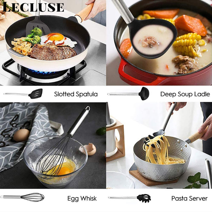 Lecluse Kitchen Utensil Set Silicone Non-Stick Cooking Stainless Steel 8Pcs