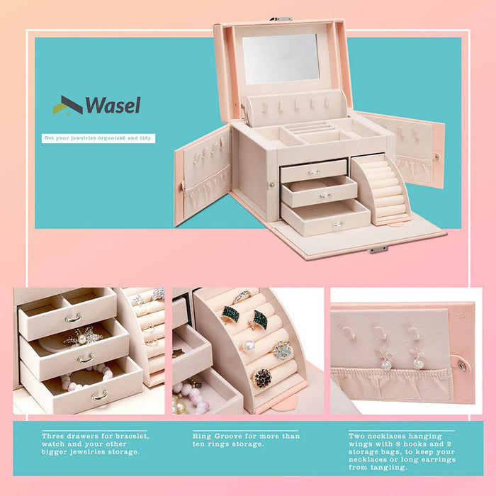 Wasel Leather Jewellery Box Case Storage Travel Jewelry Organiser Ornaments Lock