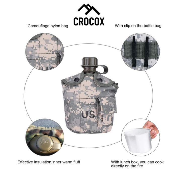 Crocox Military Canteen Outdoor Water Bottle Camping Hiking Aluminum Cup Set