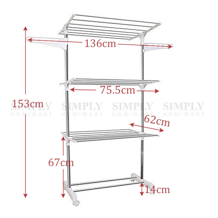 Clothes Line Airer Rack Indoor 3 Tier Steel 20m Drying Space Foldable Portable