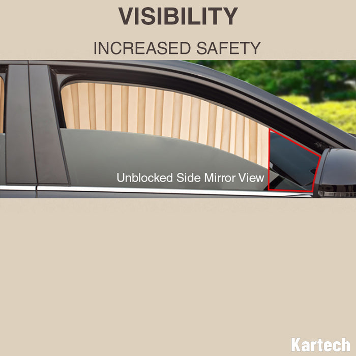 2x Kartech Car Window Curtains Retractable Sun Shades UV Protection Black Front
