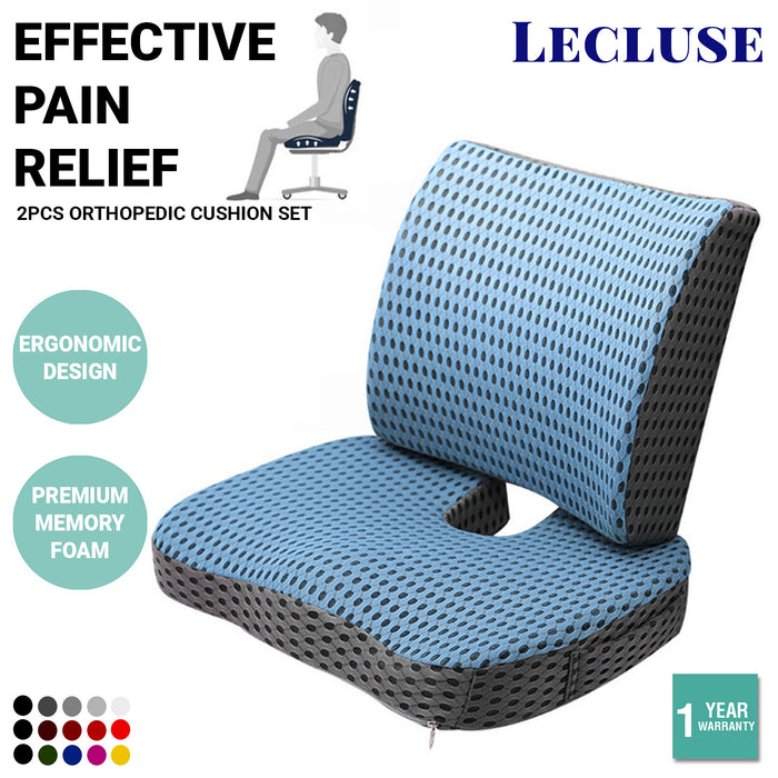 Lecluse 2Pcs Orthopedic Cushion Set Lumbar Support Pillow Memory Foam Chair Pad