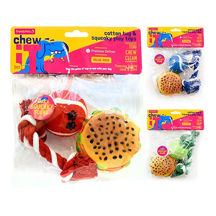 Dog Chew Toys 3pcs Dental Play Squeak Sound Ball Rope Burger Toy TrendyPets