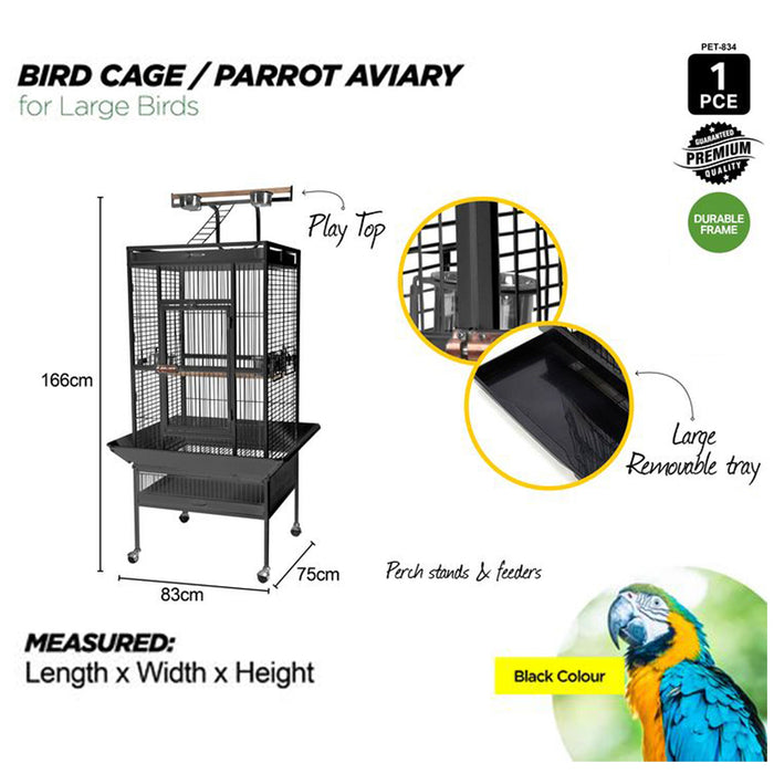 Bird Cage Large Metal Stand Frame Square Roof Coloured Toys 83cm x 75cm x 166cm