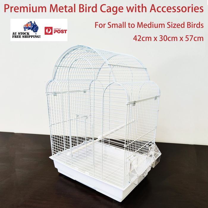 Bird Cage Premium Small Medium Metal Durable Frame Arched Roof White 42x30x57
