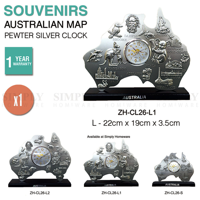 Australian Souvenirs Map Clock Movement Bedside Silver Aussie Gift Bulk Large - Simply Homeware