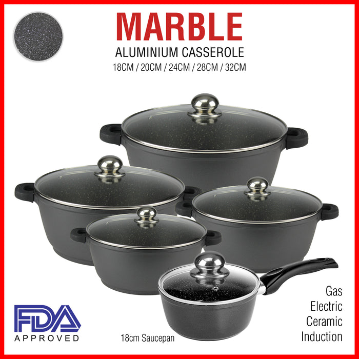 Non Stick Casserole Stockpot Saucepan Cookware Aluminium Marble Black Glass Lids