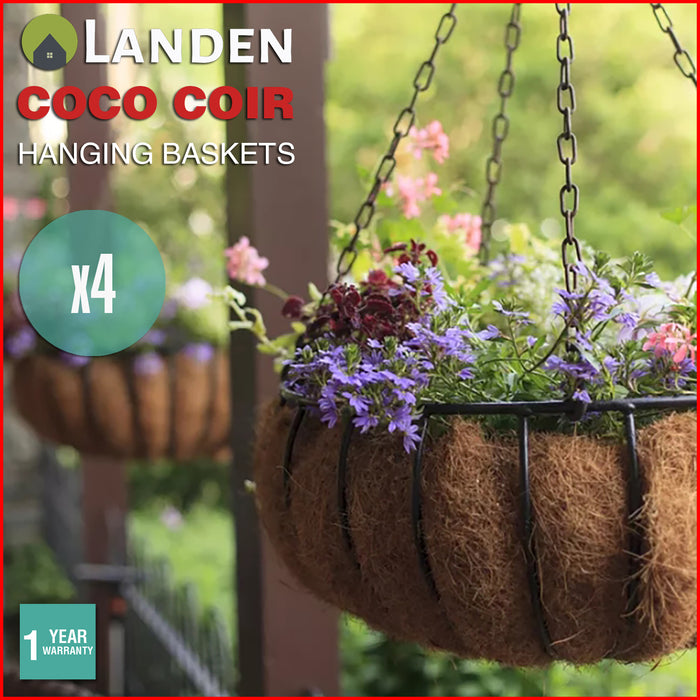 4x Landen Hanging Plant Pots Flower Baskets Planters Coco Coir Wall Garden Bulk