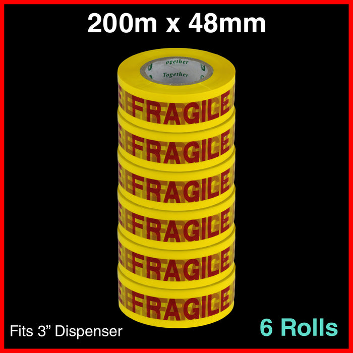 6 Rolls Fragile Tape 200M x 48mm Packaging Packing Sticky Adhesive Yellow Red
