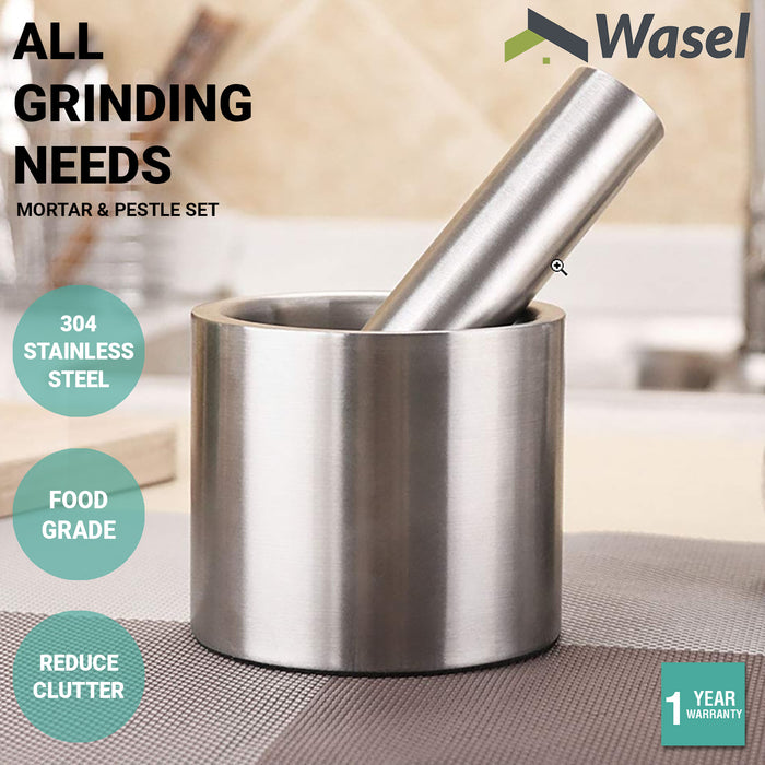 Wasel Mortar And Pestle Set Stainless Steel Garlic Crusher Spices Herbs Grinder