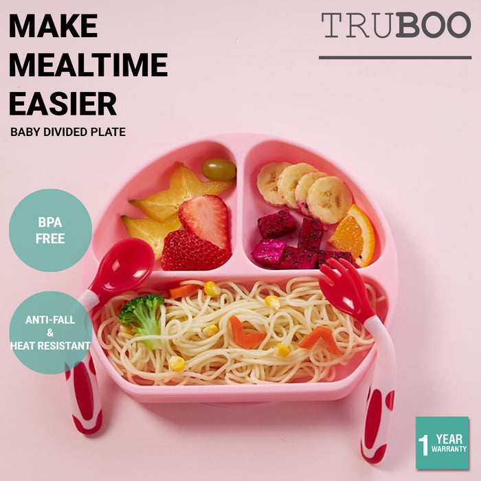 Truboo 3x Baby Divided Plate Toddler Feeding Tableware Fork Spoon Unbreakable