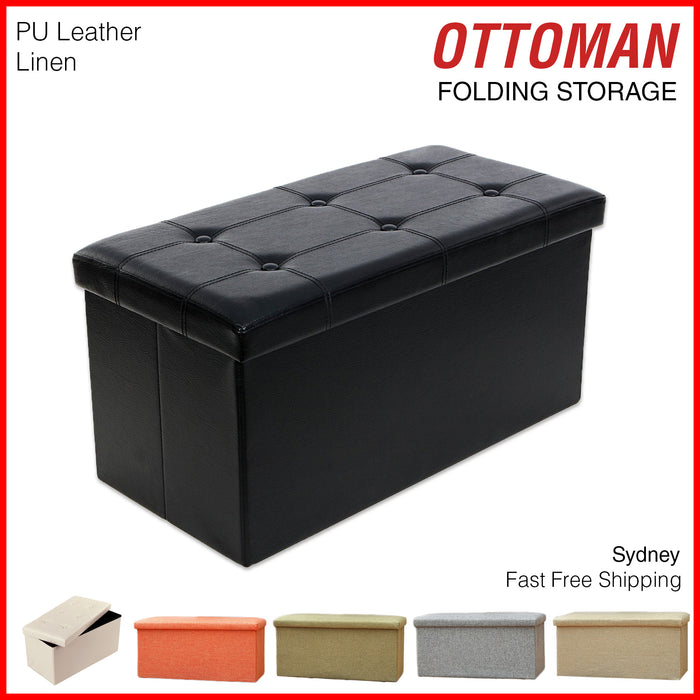 Folding Ottoman Storage Blanket Box Footstool Stool Cube Pouf Faux Leather Linen