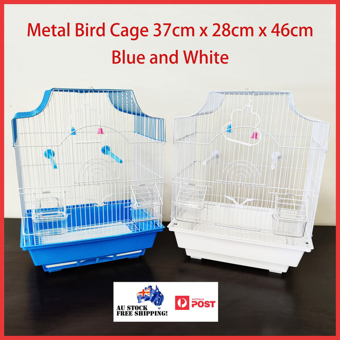 Bird Cage Small Medium Metal Frame Square Roof White Blue 37cm x 28cm x 46cm