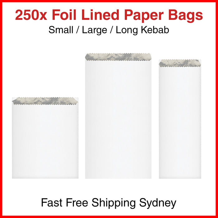 250x Foil Lined Paper Bags Small Large Long Kebab Chicken Take Away Chips Bulk