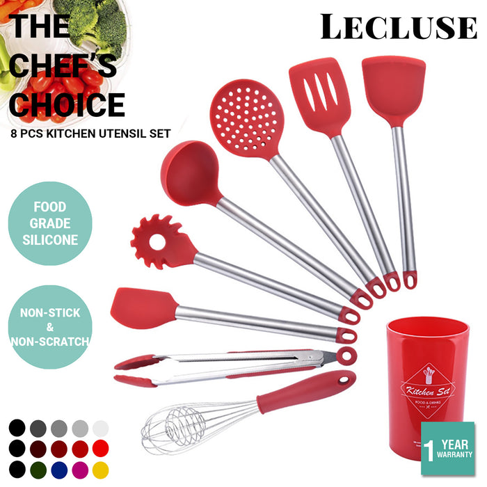 Lecluse Kitchen Utensil Set Silicone Non-Stick Cooking Stainless Steel 8Pcs