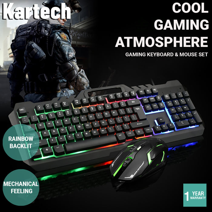Kartech Gaming Keyboard & Mouse Set Wired Mechanical Feeling Rainbow LED Backlit