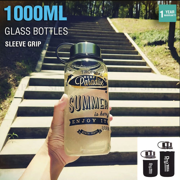 Glass Water Bottle 1L 1000ml BPA Free Sports Tea Crystal Juice Drinking Bottles - Simply Homeware