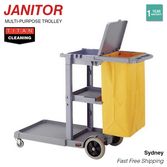 Janitor Trolley Cleaning Cart Cleaner Utility Grey Tray 3 Shelf Wheels Bag Lid