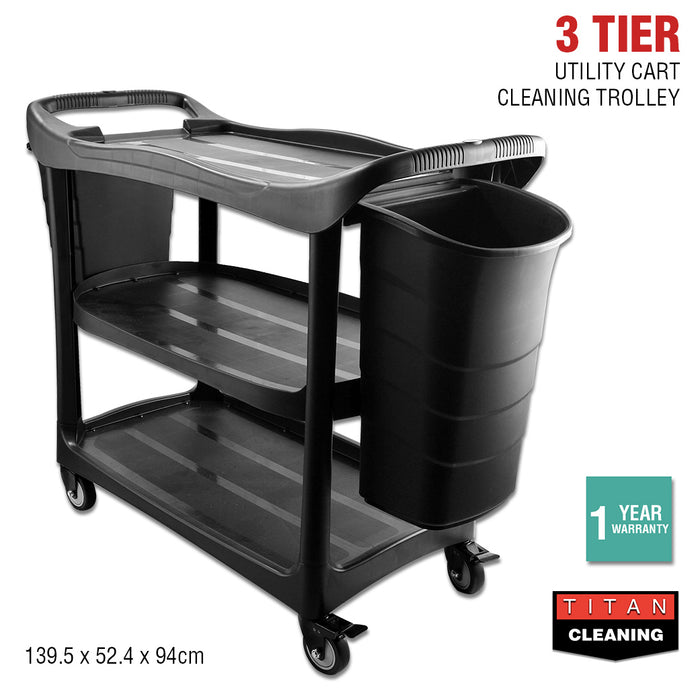 3 Tier Service Cart Janitor Trolley Cleaning Utility Trolley Shelf Wheels 2 Bins