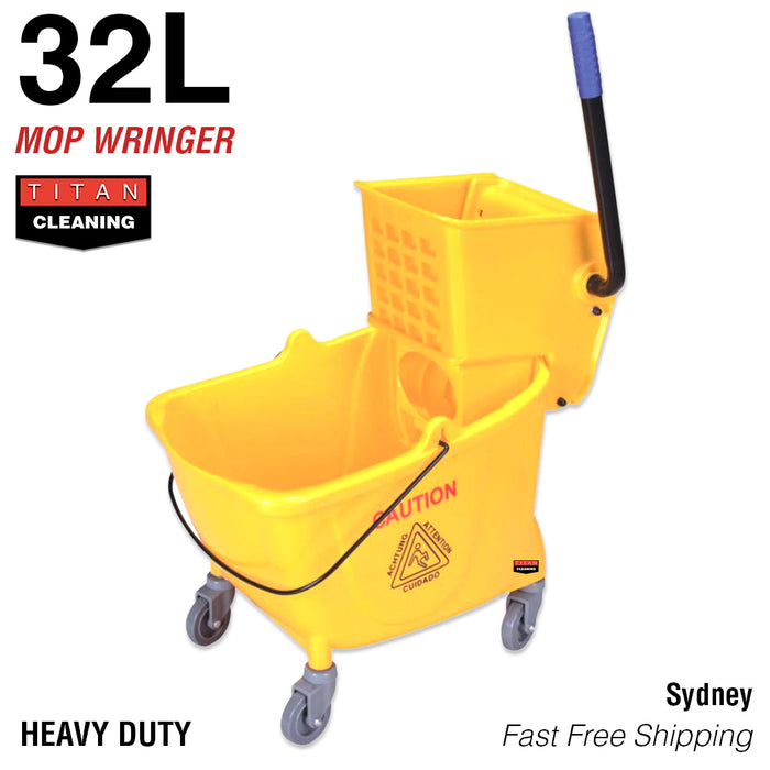 Mop Bucket Wringer Buckets 32L Heavy Duty Yellow Swivel Wheels Commercial Press
