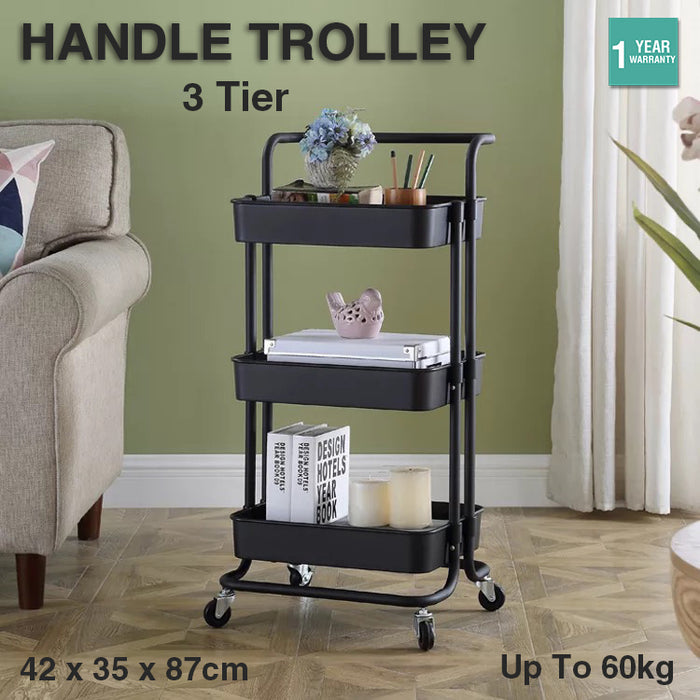 3 Tier Handle Wheel Trolley Bathroom Kitchen Storage Shelf Rolling Rack Cart AU