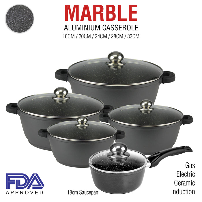 Non Stick Casserole Stockpot Saucepan Cookware Aluminium Marble Black Glass Lids