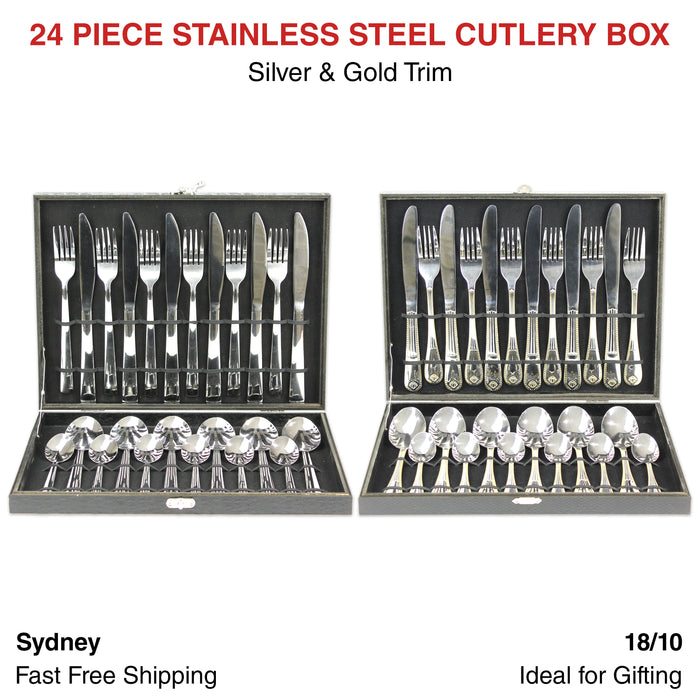 24 Piece Cutlery Box Stainless Steel Set Boxes Silver Gold Bulk Knife Fork Spoon
