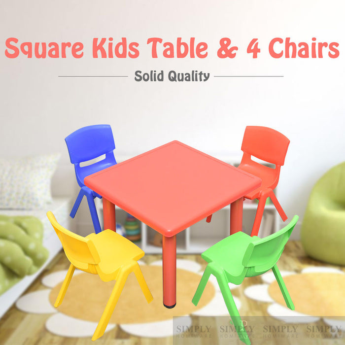 Kids Table Children 4 Chairs Plastic Activity Set Play Outdoor Large Red 60x60cm